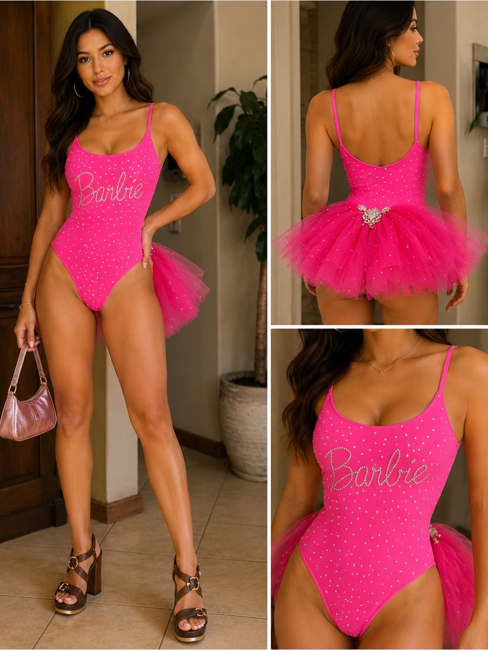 NWOT Custom Swarovski Crystal Barbie Bodysuit/Swimsuit W/ Detachable Train S/M
